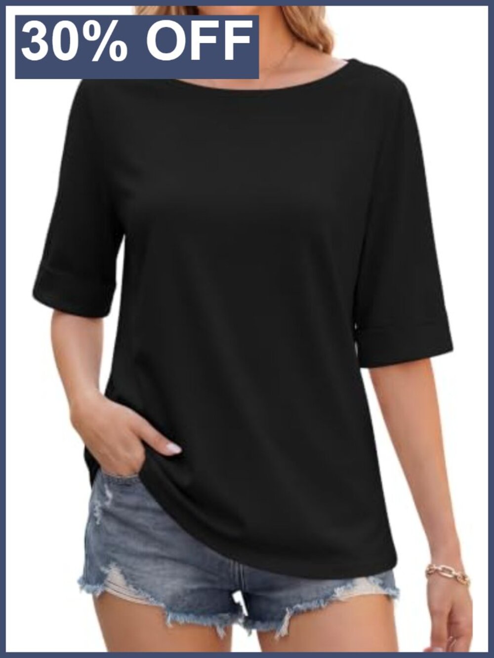 Womens Boat Neck Rolled Half Sleeve T-Shirt Soft Stretch Work Top